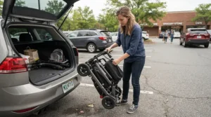 A lightweight pediatric wheelchair for school use being loaded folded into a family vehicle trunk.