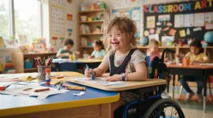 A young student using a pediatric wheelchair for school use while participating in a bright elementary classroom activity.