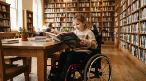 A student reading a book at a library table while seated in a pediatric wheelchair for school use.