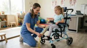 A physical therapist fitting a pediatric wheelchair for school use by measuring proper seat width for a child.