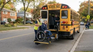 A student boarding an accessible school bus using a lift while in a pediatric wheelchair for school use.