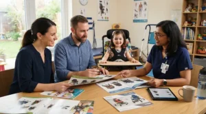 Parents and a specialist evaluating a pressure relief cushion for child wheelchair users during a seating clinic visit.