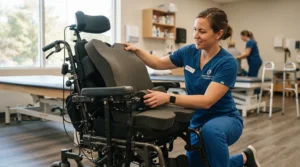 A supportive foam pressure relief cushion for child wheelchair users being adjusted by an occupational therapist.