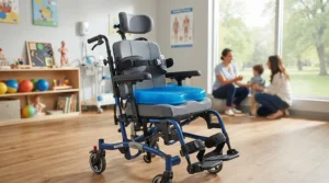 A gel pressure relief cushion for child wheelchair users placed on a pediatric mobility device in a sunny therapy room.
