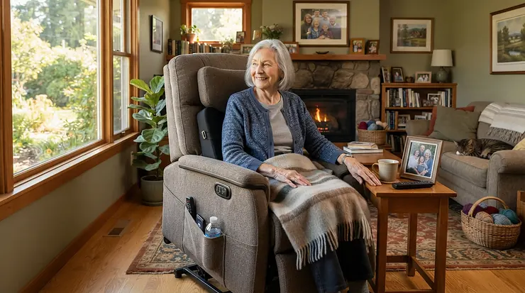 A comfortable pressure relief cushion for child wheelchair users set up on a mobility device in a cozy home.