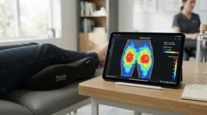 An ergonomic pressure relief cushion for child wheelchair users showing pressure mapping visualization for injury prevention.