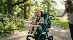 A portable pressure relief cushion for child wheelchair users used during a family trip to a sunny park.