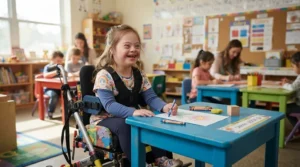 A smiling young student using a pressure relief cushion for child wheelchair users at a school desk.