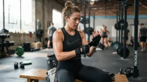 Athlete adjusting fingerless push gloves for wheelchair athletes in the gym
