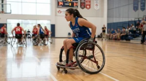 Indoor court athlete wearing high-performance push gloves for wheelchair athletes