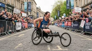Competitor wearing push gloves for wheelchair athletes in a city marathon