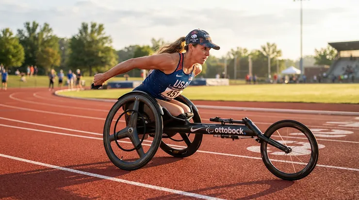 Athlete wearing push gloves for wheelchair athletes during a track training session