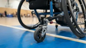 Close-up view of the rear safety caster on a wheelchair for casual tennis on hard courts.
