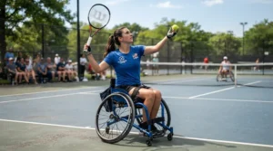 A beginner practicing a serve from a wheelchair for casual tennis on hard courts at a community park.