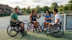 Doubles partners discussing tactics near the net in a wheelchair for casual tennis on hard courts.