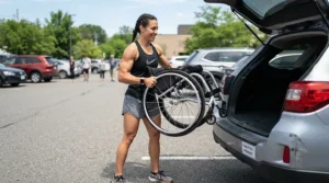 A player lifting a lightweight sports frame into a car, showcasing a wheelchair for casual tennis on hard courts.