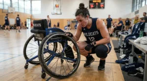 Checking high-traction tires on a wheelchair for casual tennis on hard courts after a match.