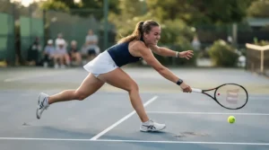 Practicing the two-bounce rule drill in a wheelchair for casual tennis on hard courts.