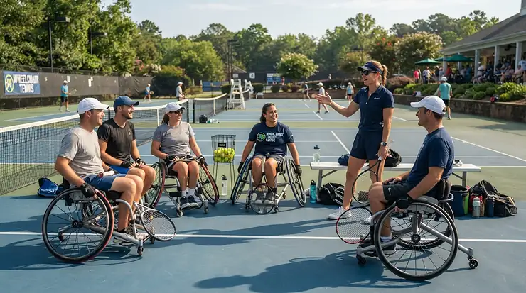 Participants listening to an instructor at a USTA clinic while seated in a wheelchair for casual tennis on hard courts.